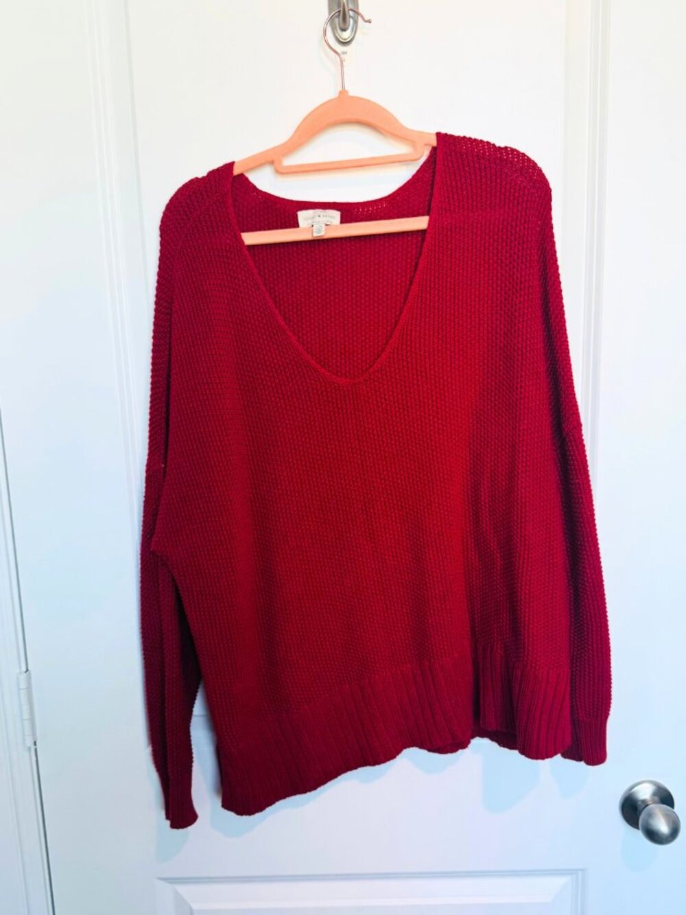 (2 for $10) Lucky Brand Red Chunky Knit Oversized V-Neck Sweater Size L